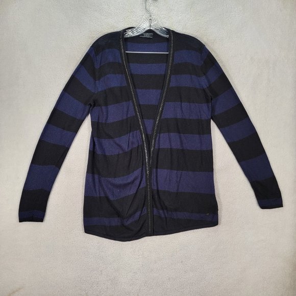 Y2K Guess Navy Striped Knit Slim Fit Chain Open Lightweight Cardigan Sweater - Picture 1 of 16